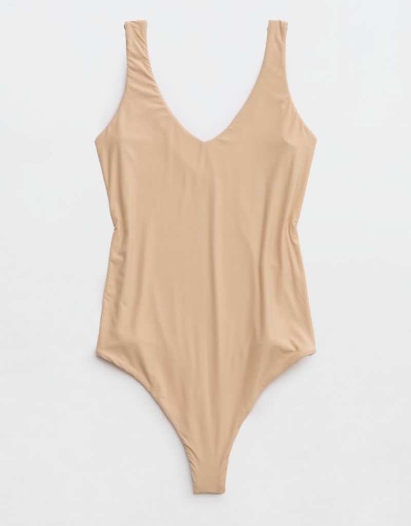 Aerie SMOOTHEZ Plunge Bodysuit Beige | 4586BMSOG