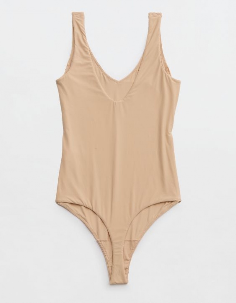 Aerie SMOOTHEZ Plunge Bodysuit Beige | 4586BMSOG