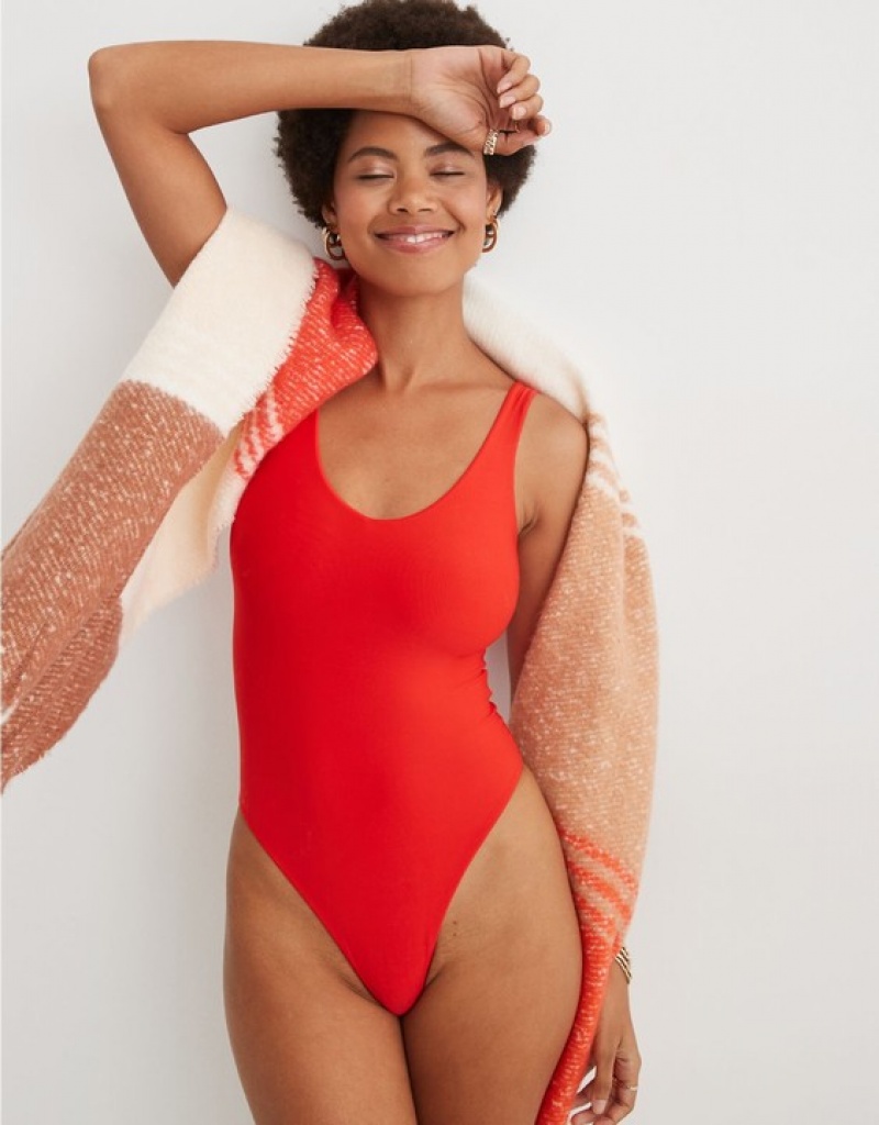 Aerie SMOOTHEZ Plunge Bodysuit Red | 0367CVHAN