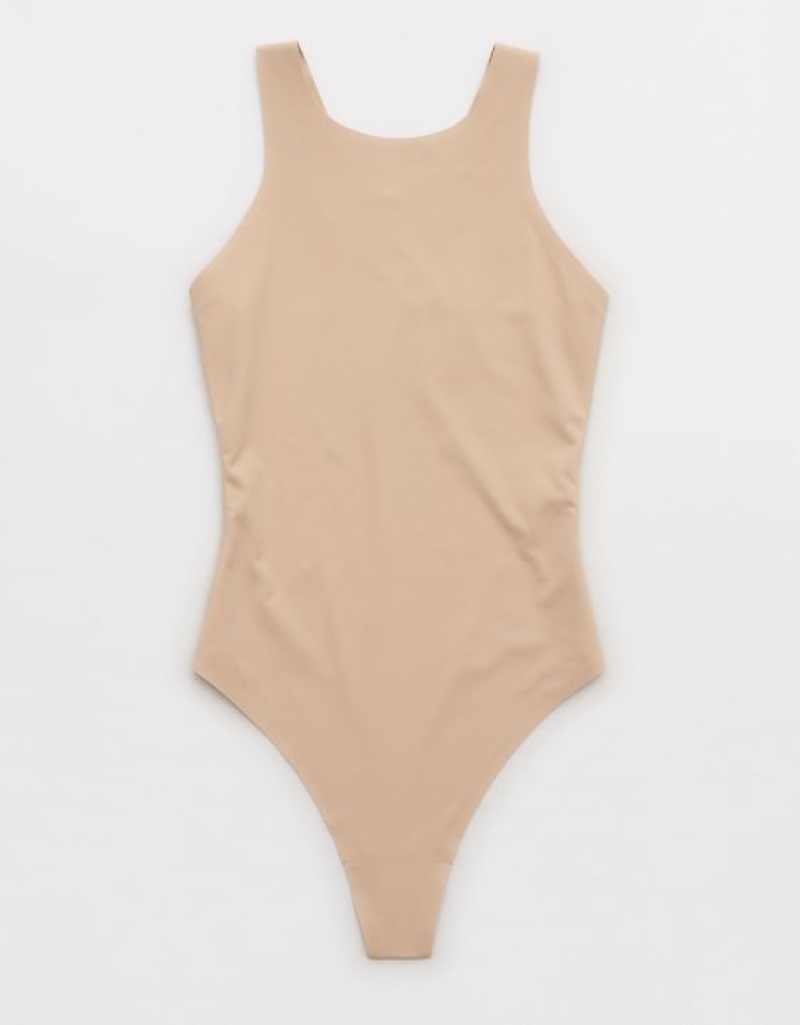 Aerie SMOOTHEZ Racerback Bodysuit Beige | 6549PEMBY