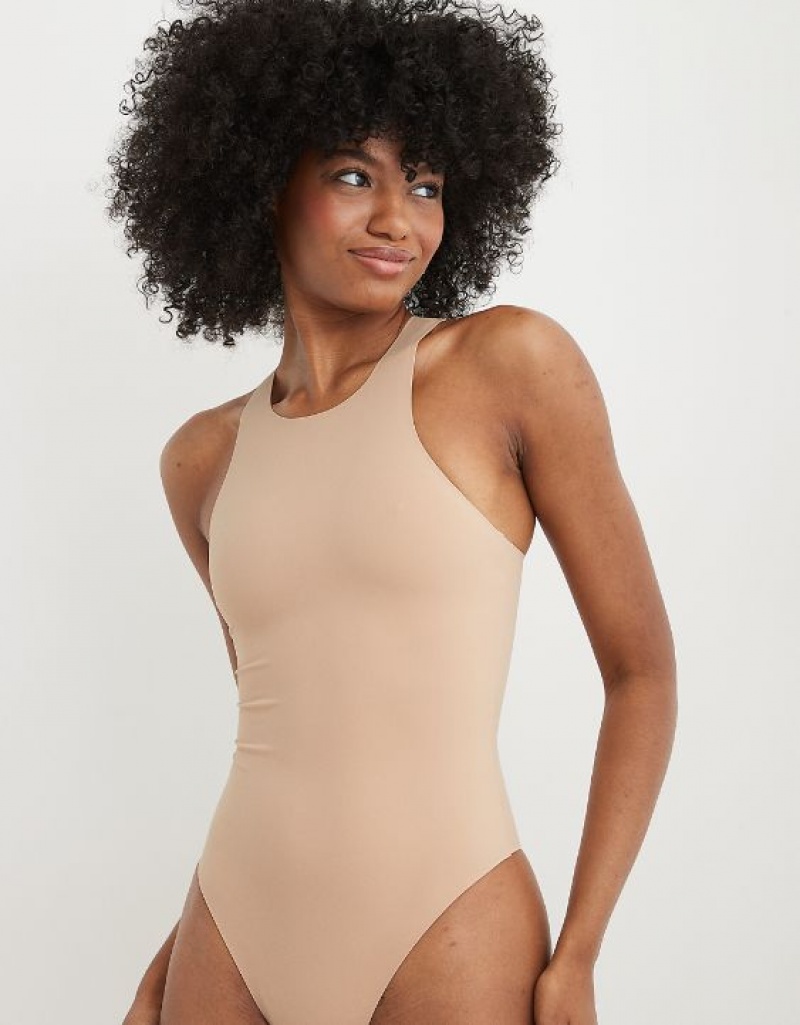 Aerie SMOOTHEZ Racerback Bodysuit Beige | 6549PEMBY