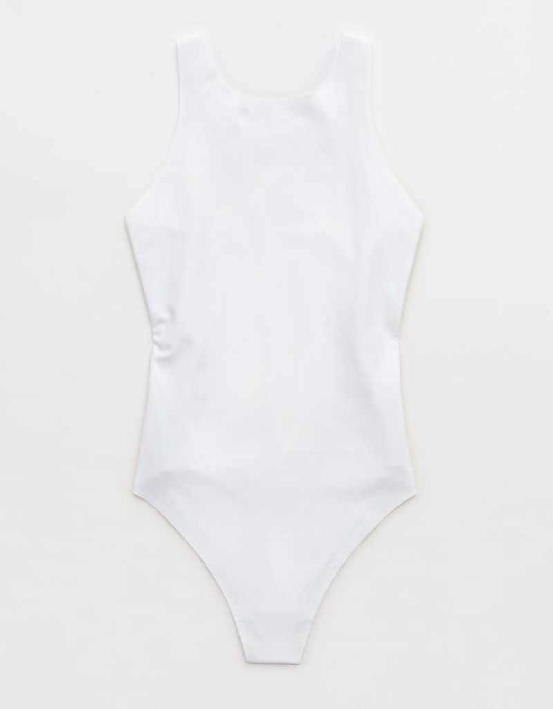 Aerie SMOOTHEZ Racerback Bodysuit White | 9568IZSHG