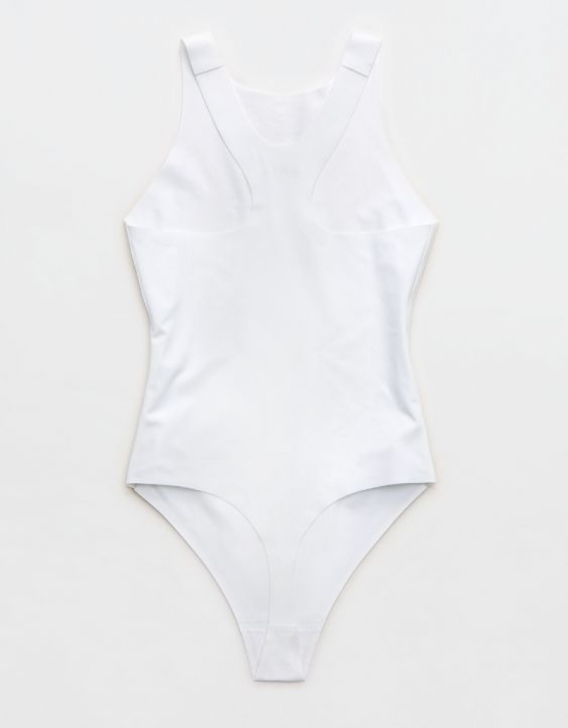 Aerie SMOOTHEZ Racerback Bodysuit White | 9568IZSHG