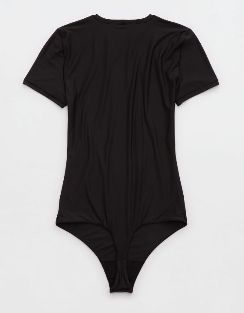 Aerie SMOOTHEZ Sleeve Bodysuit Black | 6890ICHTP