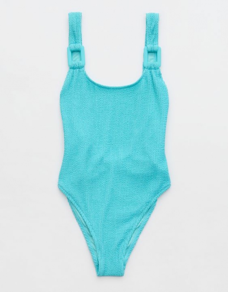 Aerie Shine Crinkle Birthday Scoop One Piece Swimsuits Blue | 1067KXMRE