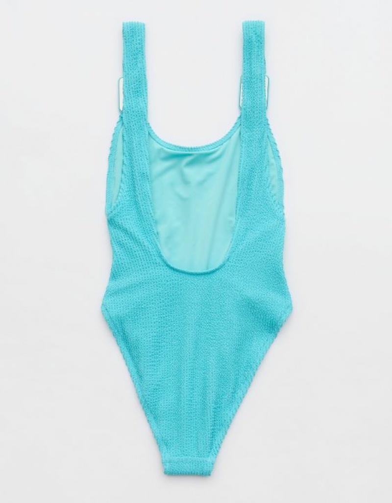 Aerie Shine Crinkle Birthday Scoop One Piece Swimsuits Blue | 1067KXMRE