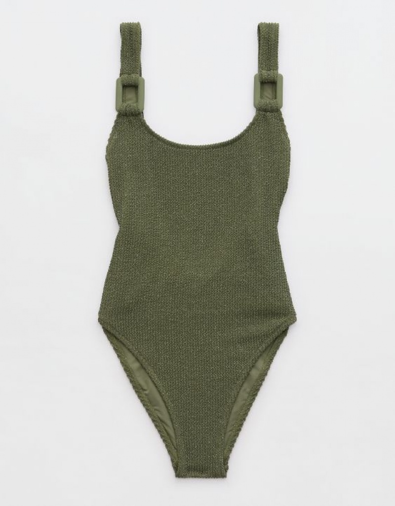 Aerie Shine Crinkle Birthday Scoop One Piece Swimsuits Olive | 3470JABVI