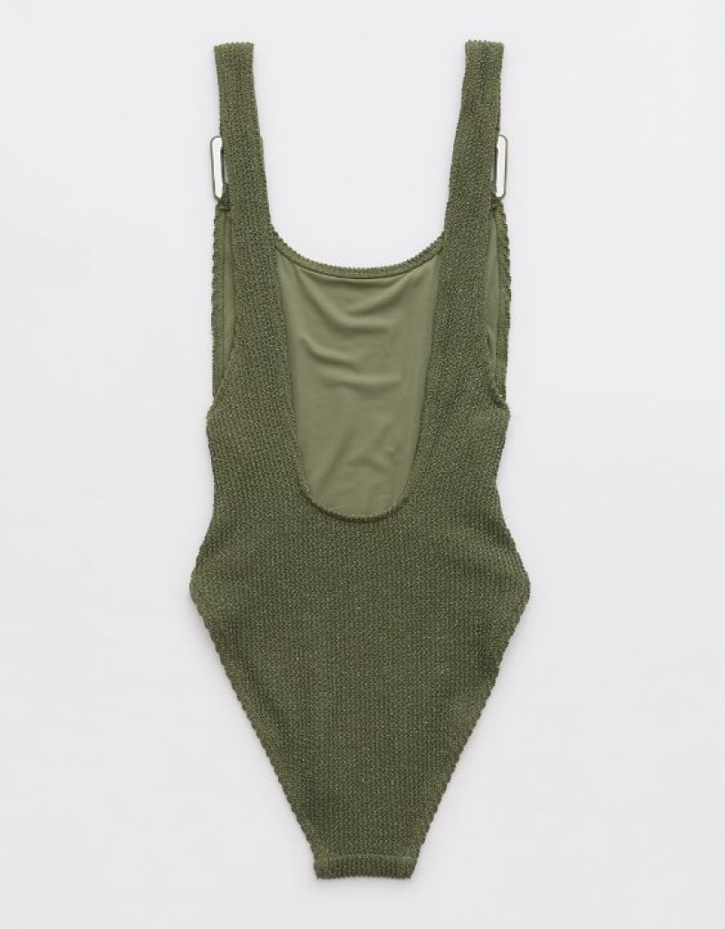 Aerie Shine Crinkle Birthday Scoop One Piece Swimsuits Olive | 3470JABVI