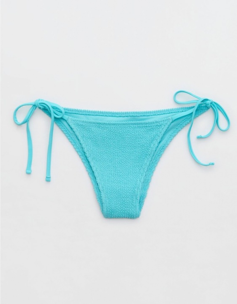 Aerie Shine Crinkle Cheekiest Tie Bikini Bottom Blue | 9173NQSAB