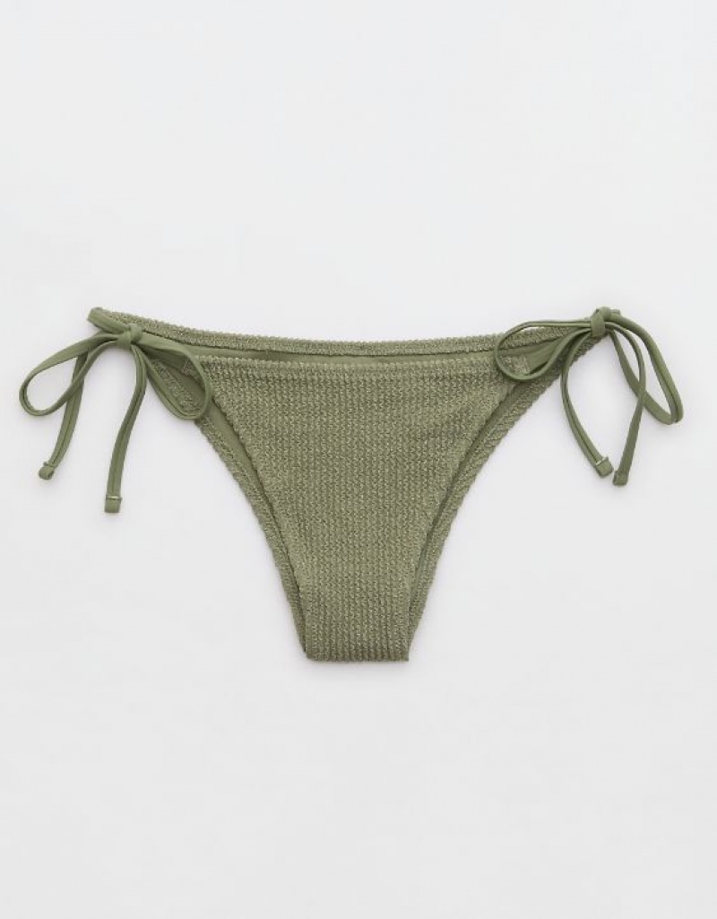 Aerie Shine Crinkle Cheekiest Tie Bikini Bottom Olive | 9463RELQW