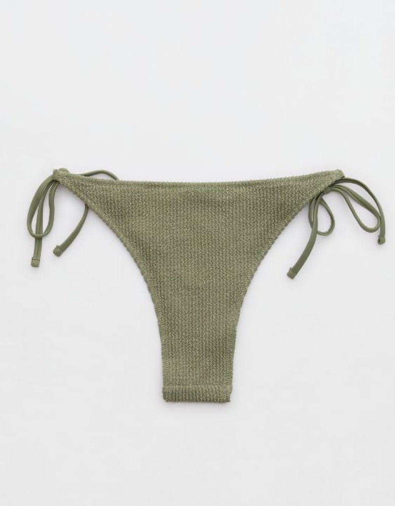 Aerie Shine Crinkle Cheekiest Tie Bikini Bottom Olive | 9463RELQW