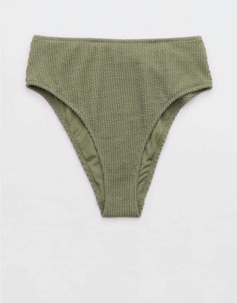 Aerie Shine Crinkle High Cut Cheeky Bikini Bottom Olive | 1265YQVIP