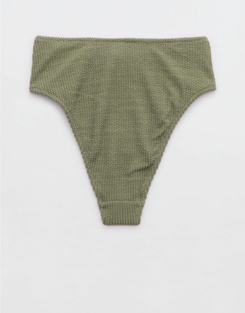 Aerie Shine Crinkle High Cut Cheeky Bikini Bottom Olive | 1265YQVIP