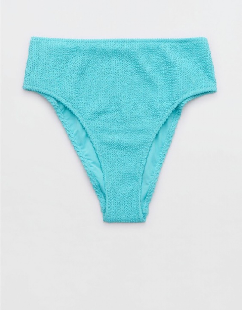 Aerie Shine Crinkle High Cut Cheeky Bikini Bottom Blue | 9417LUICF