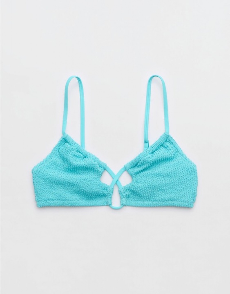 Aerie Shine Crinkle Lace Up Scoop Bikini Top Blue | 1793MXZPY