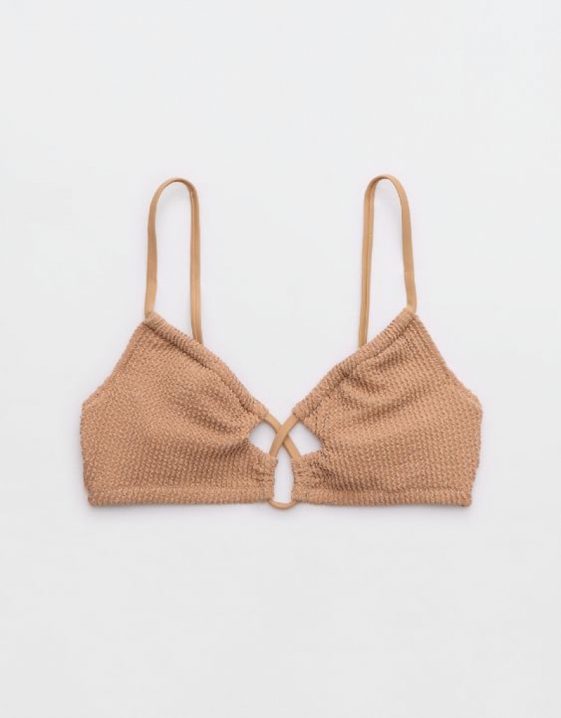 Aerie Shine Crinkle Lace Up Scoop Bikini Top Beige | 6398HRJDT