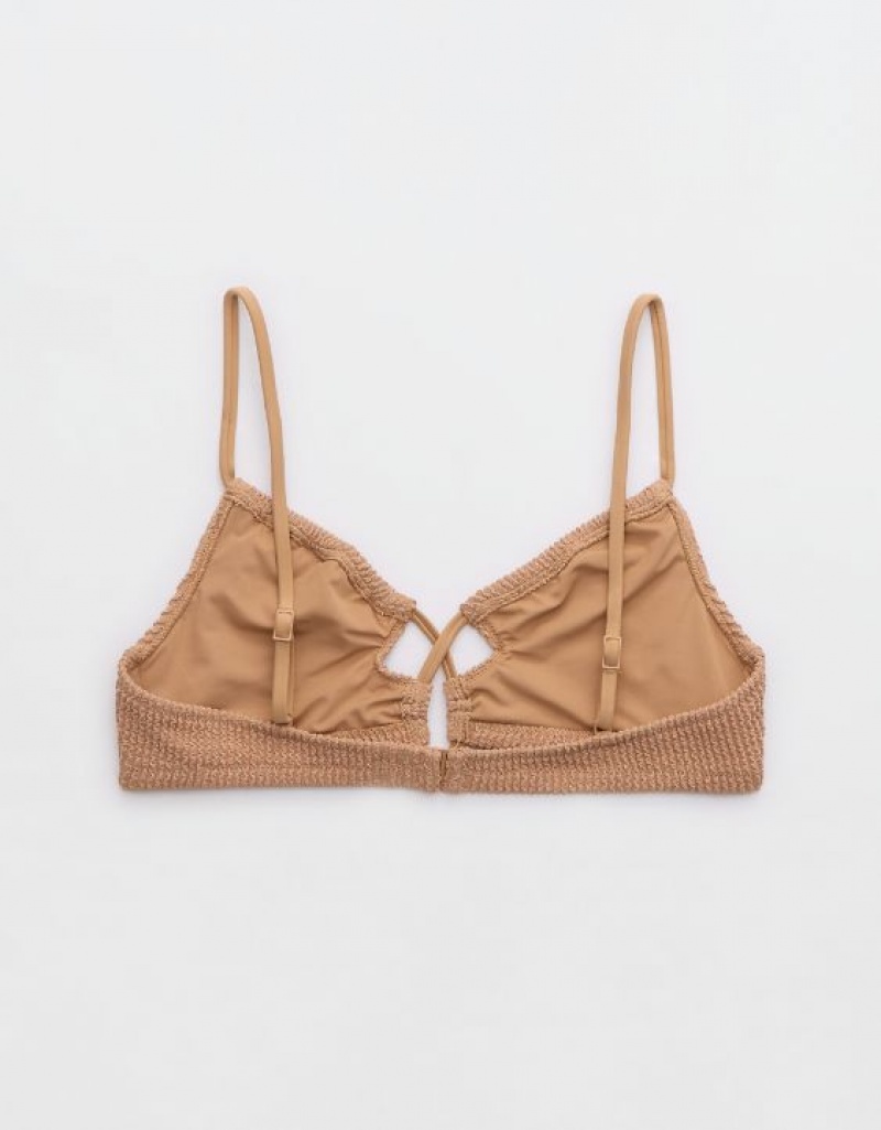 Aerie Shine Crinkle Lace Up Scoop Bikini Top Beige | 6398HRJDT