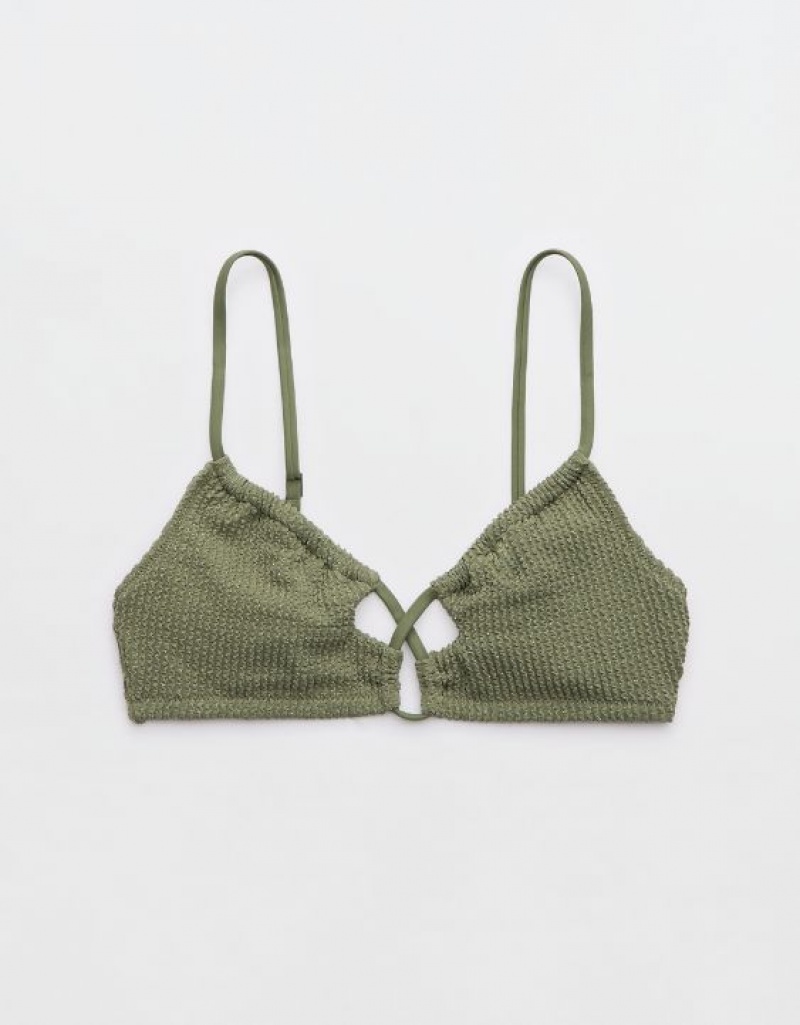 Aerie Shine Crinkle Lace Up Scoop Bikini Top Olive | 6902PSHTW