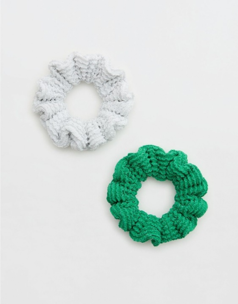 Aerie Shine Crinkle Mini Pack Hair Accessories White / Green | 0591NDSXW