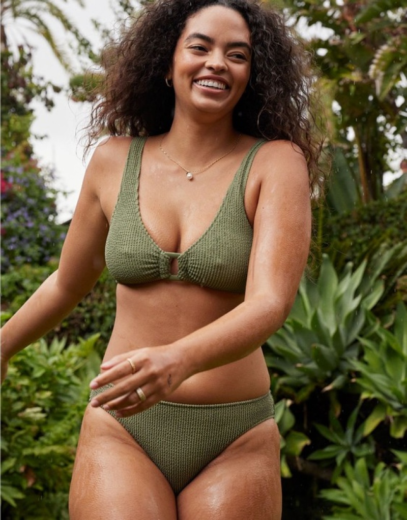 Aerie Shine Crinkle Wide Strap Scoop Bikini Top Olive | 9368HXJVB