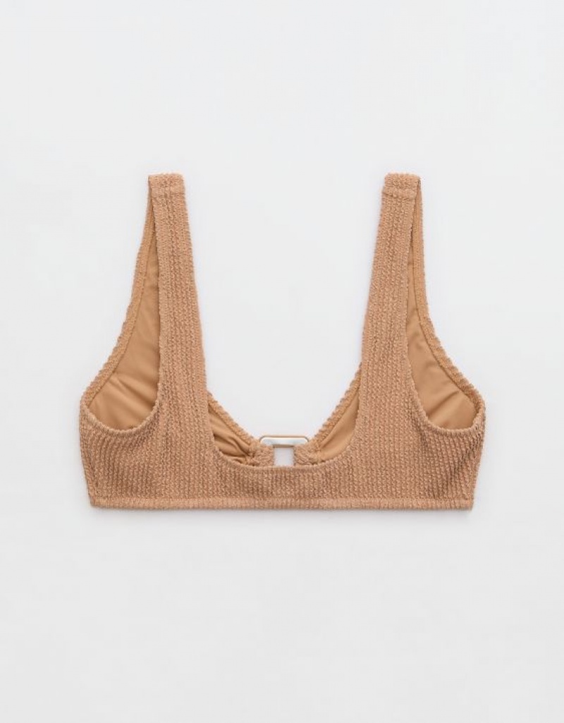 Aerie Shine Crinkle Wide Strap Scoop Bikini Top Beige | 0865VNRAW