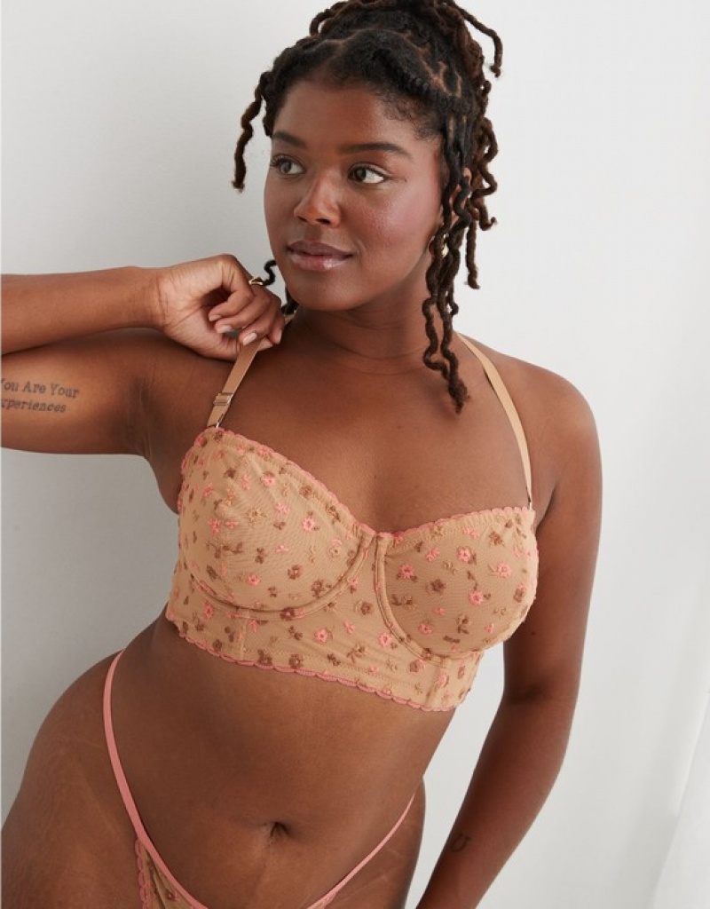 Aerie Show Off Embroidery Unlined Bras Brown / Pink | 2041CMEUX