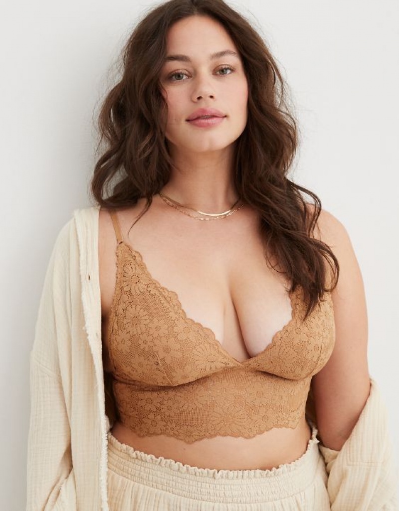 Aerie Show Off Lace Padded Longlinelette Bras Brown | 0821PBUXE