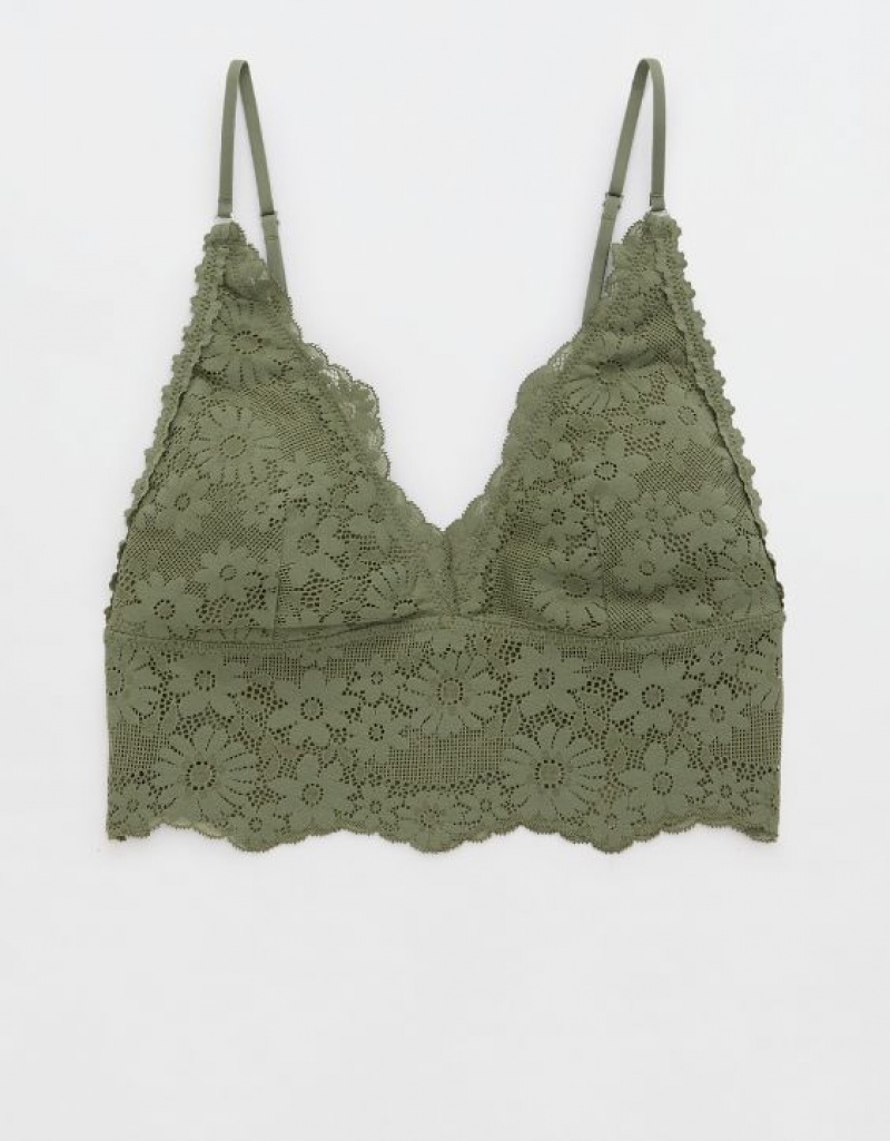 Aerie Show Off Lace Padded Longlinelette Bras Olive | 1375DGEIU