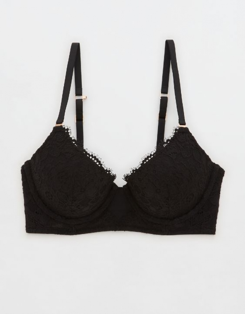 Aerie Show Off Plunge Push Up Eyelash Lace Bras Black | 3456URVBL