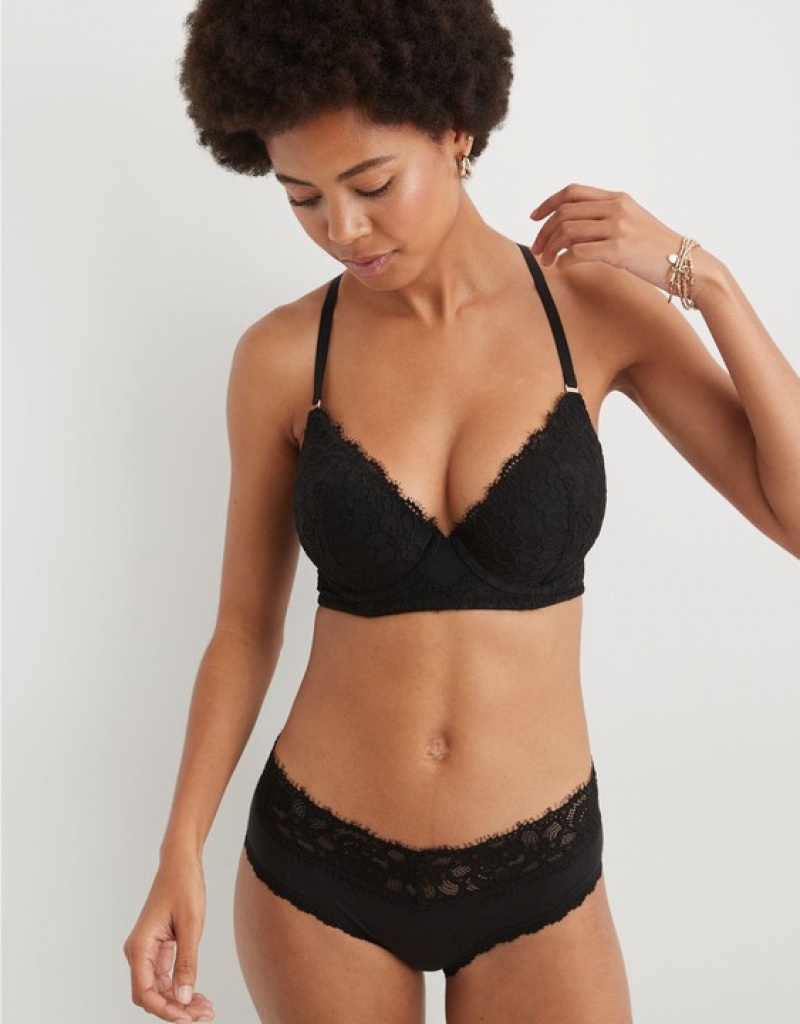 Aerie Show Off Plunge Push Up Eyelash Lace Bras Black | 3456URVBL