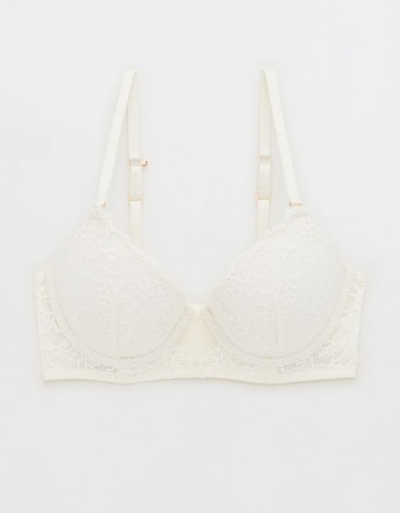 Aerie Show Off Plunge Push Up Eyelash Lace Bras White | 3427VJFYR