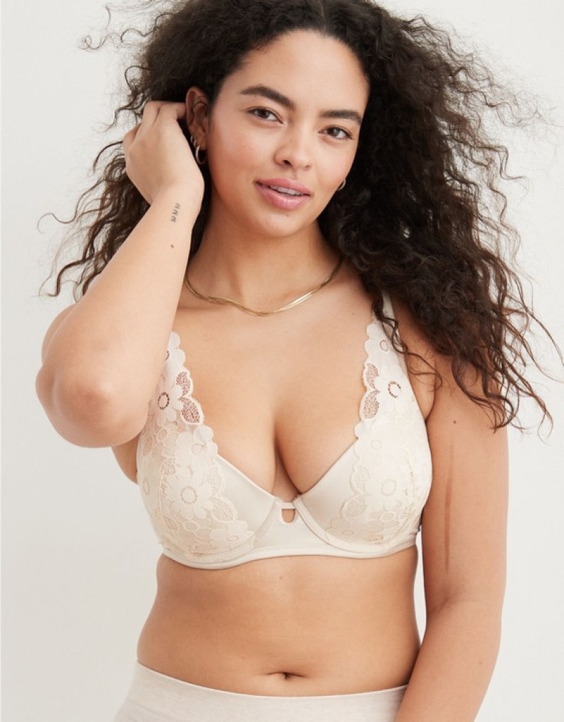 Aerie Show Off Plunge Push Up Real Lace Bras Light Yellow | 6082WXOME