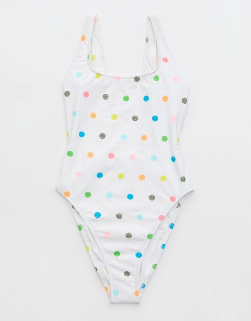 Aerie Smiley® Babewatch One Piece Swimsuits White | 6532THIOU