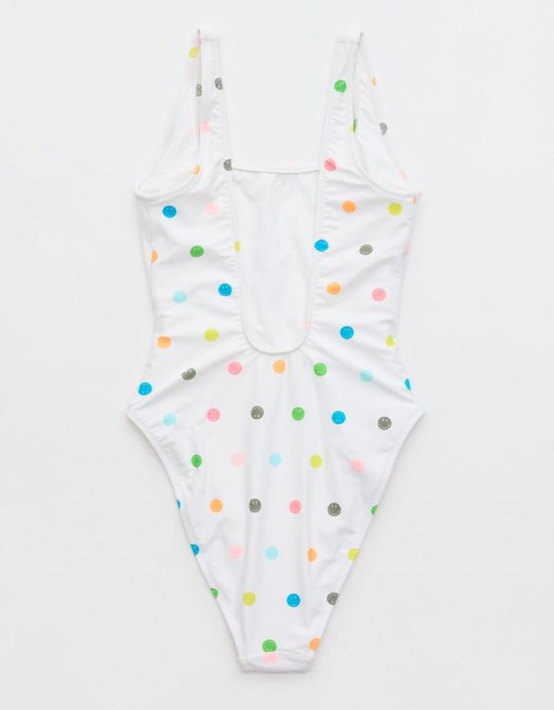 Aerie Smiley® Babewatch One Piece Swimsuits White | 6532THIOU