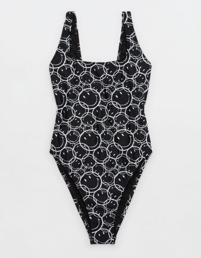 Aerie Smiley® Babewatch One Piece Swimsuits Black | 3496KAXWN