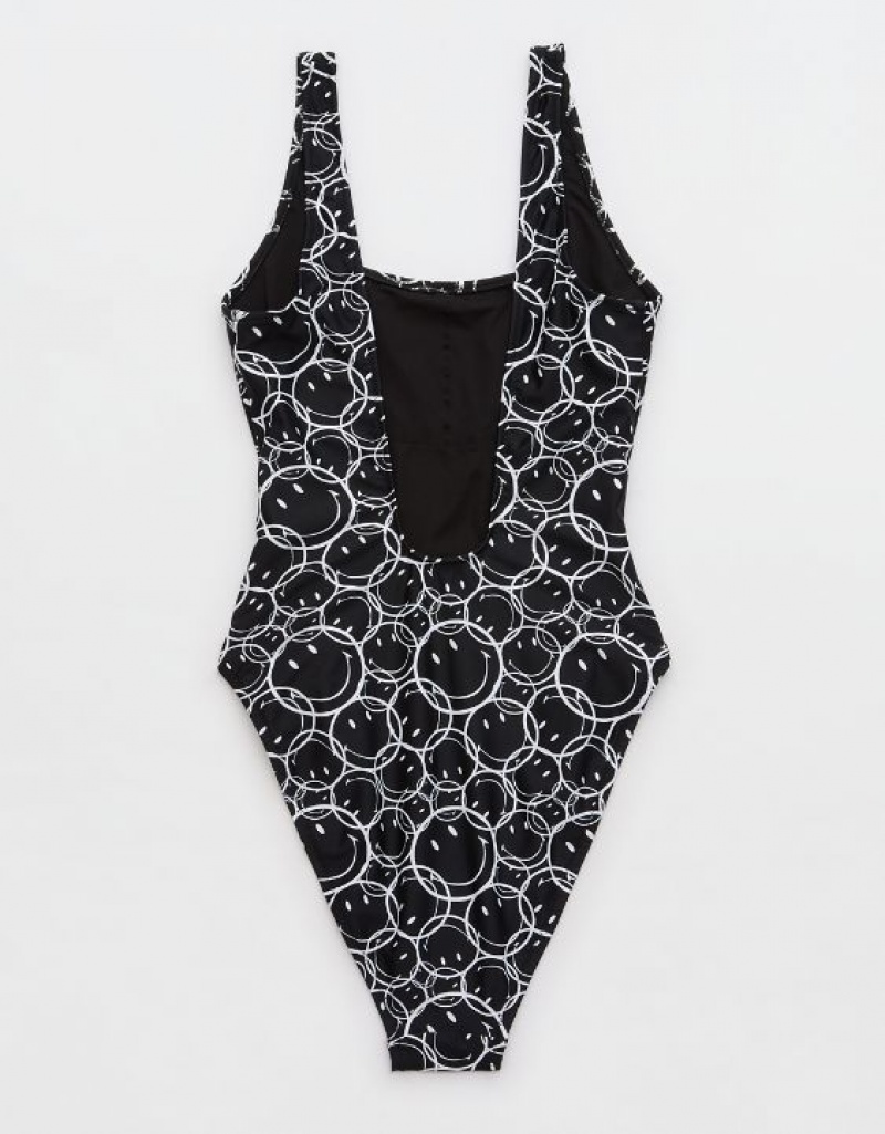 Aerie Smiley® Babewatch One Piece Swimsuits Black | 3496KAXWN