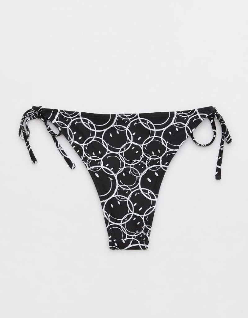 Aerie Smiley® Low Rise Tie Cheekiest Bikini Bottom Black | 6049FUEIG