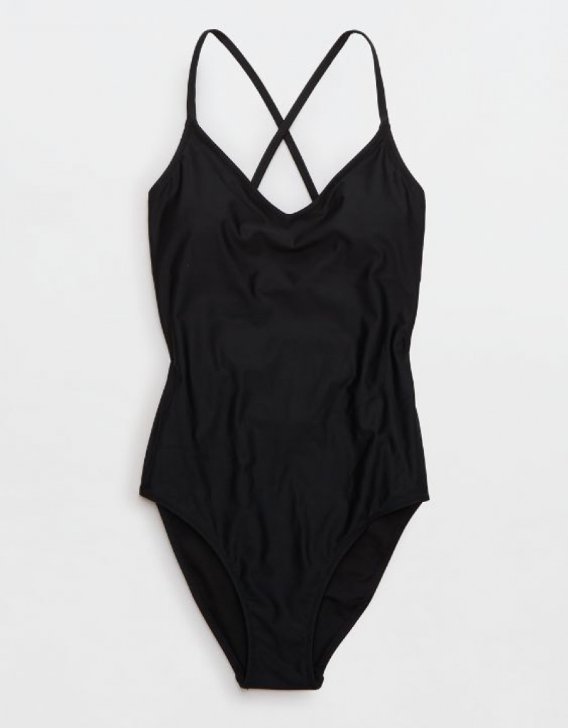 Aerie Strappy Back One Piece Swimsuits Black | 1592HWVCU