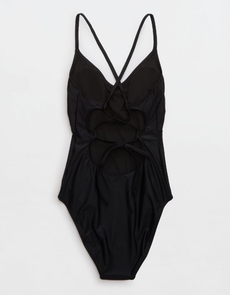 Aerie Strappy Back One Piece Swimsuits Black | 1592HWVCU