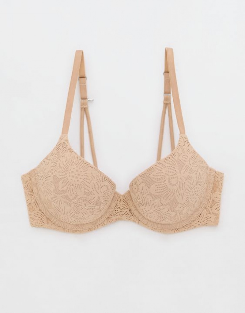 Aerie Sunnie Demi Push Up Bloom Lace Strappy Bras Beige | 4198WZXCG