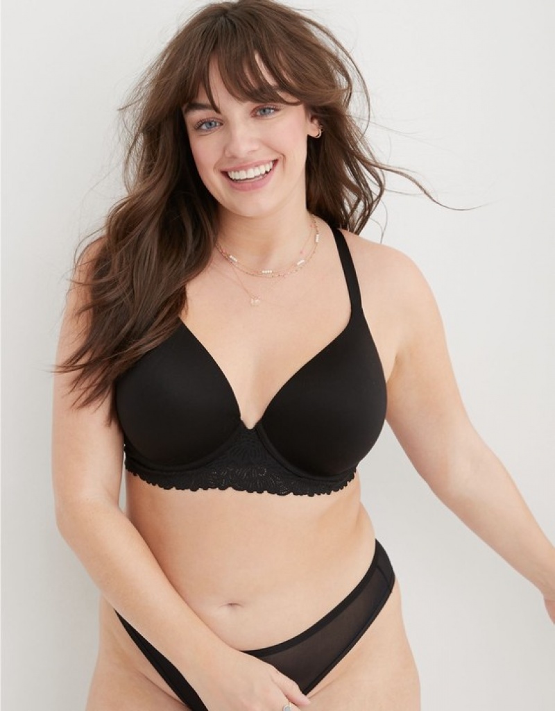 Aerie Sunnie Full Coverage Lightly Lined Bloom Lace Trim Bras Black | 9062EIVBT