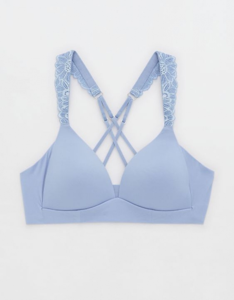 Aerie Sunnie Wireless Lightly Lined Bloom Lace Strap Bras Blue | 1570IPDWO