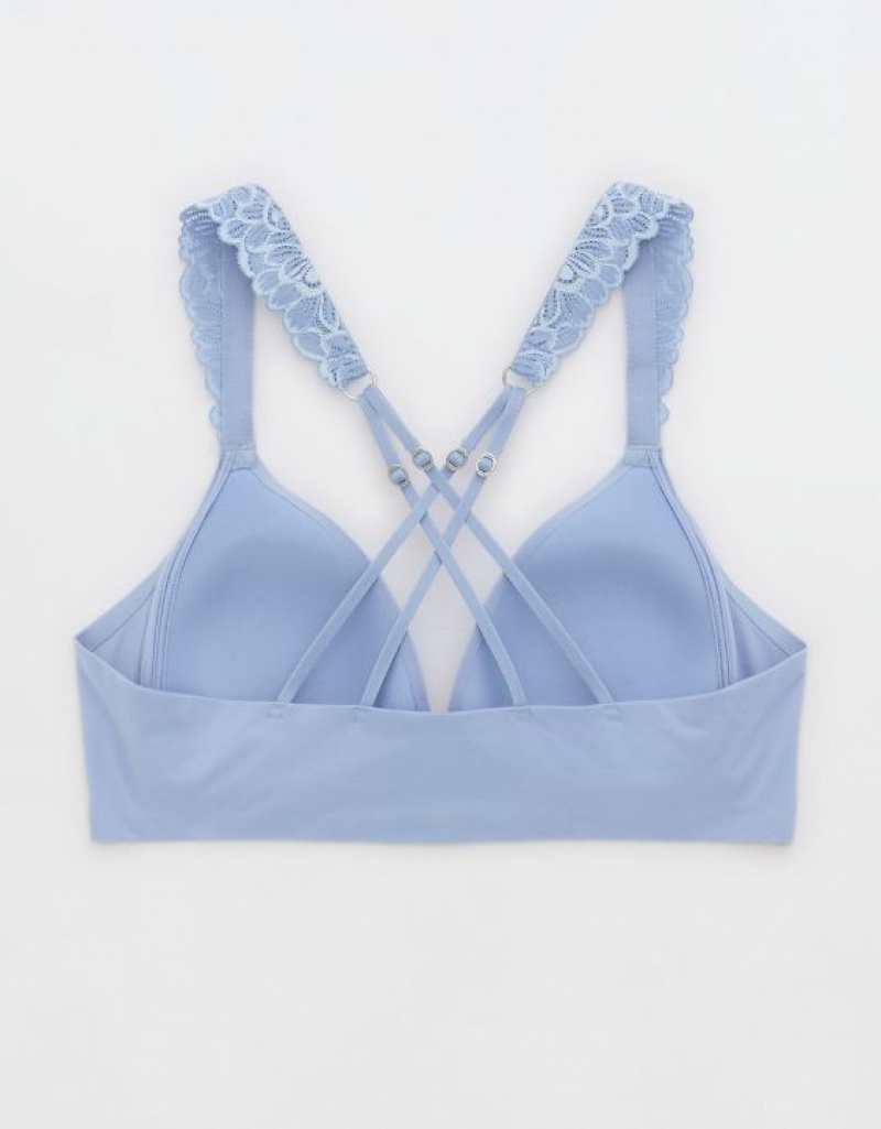 Aerie Sunnie Wireless Lightly Lined Bloom Lace Strap Bras Blue | 1570IPDWO