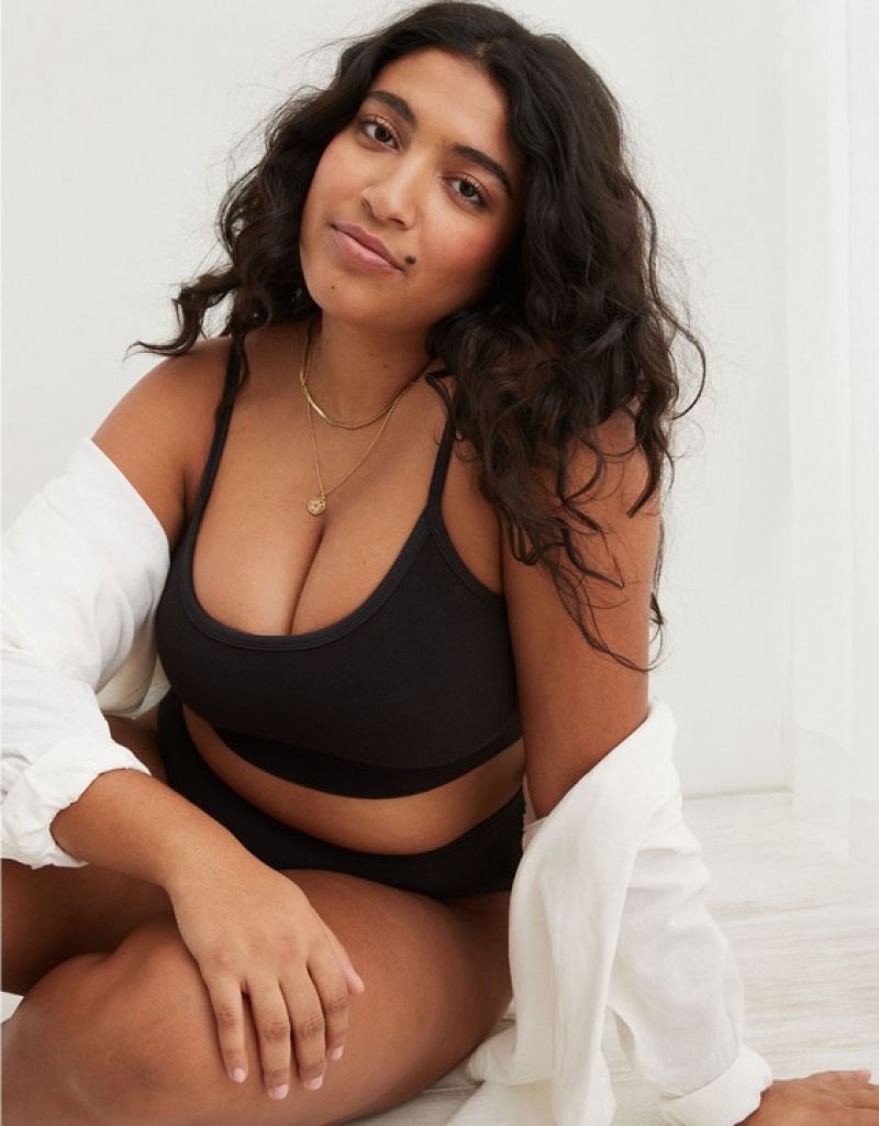 Aerie Superchill Cotton Seamless Padded Scooplette Bras Black | 3501QABUO