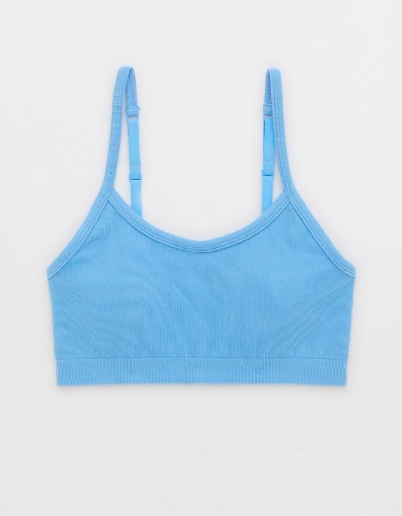 Aerie Superchill Cotton Seamless Padded Scooplette Bras Blue | 7864QKIVH