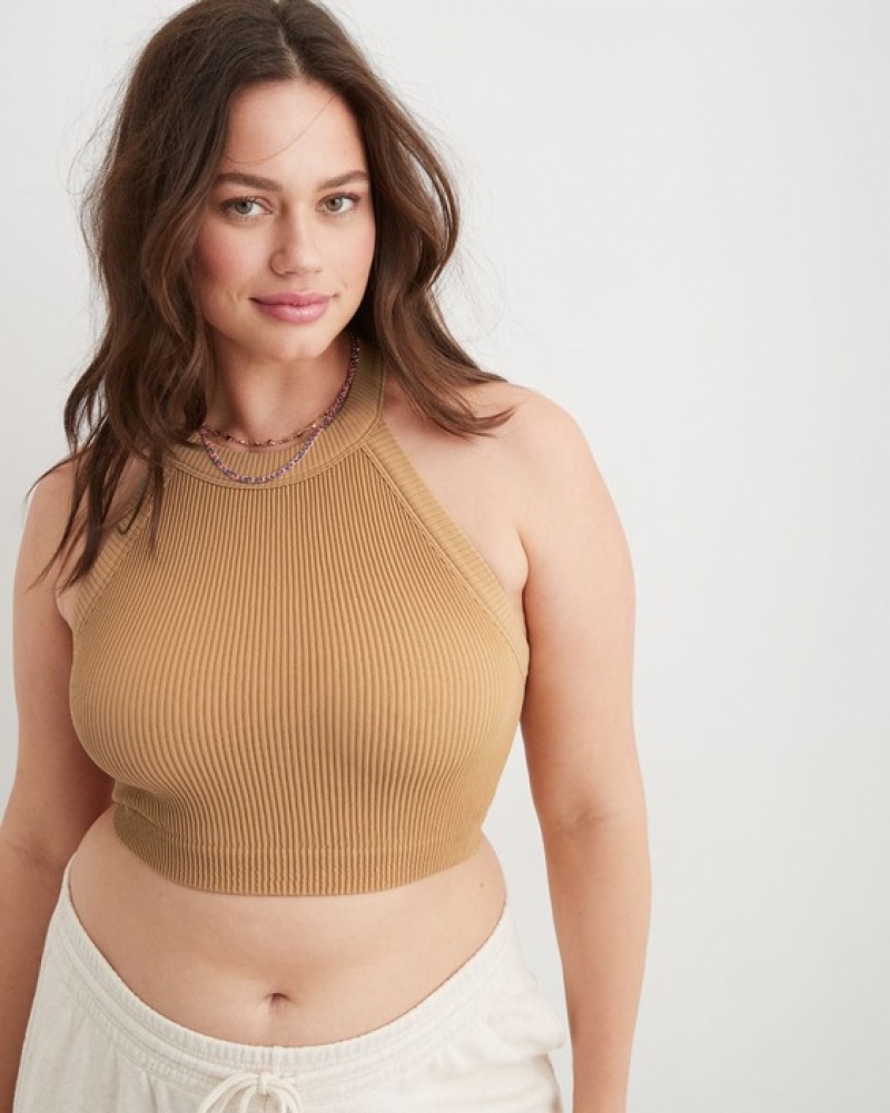 Aerie Superchill Seamless High Neck Top Bras Brown | 9127LFQGX