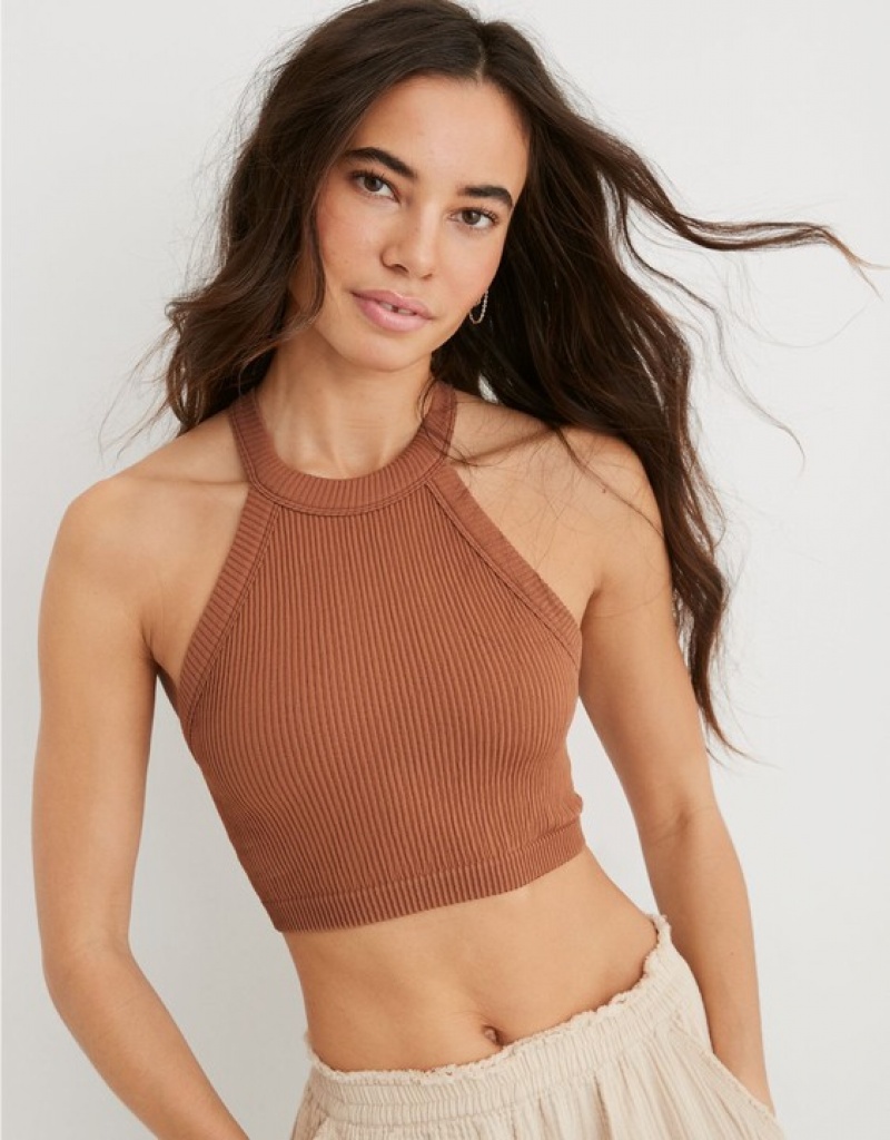 Aerie Superchill Seamless High Neck Top Bras Brown | 0276TLJNY