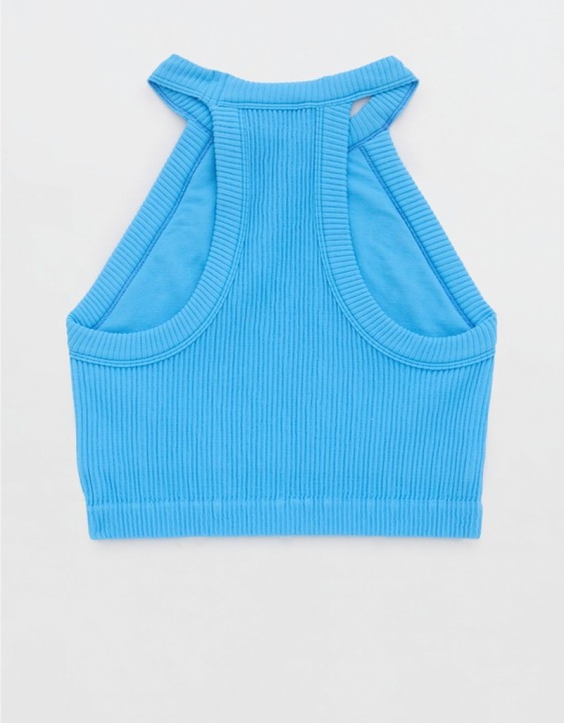 Aerie Superchill Seamless High Neck Top Bras Blue | 9270NGJOC