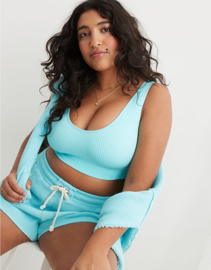 Aerie Superchill Seamless Padded Vooplette Bras Blue | 3189JHAFI