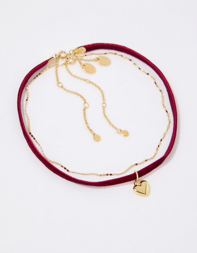 Aerie Velvet Heart Choker Pack Jewelry Gold | 7089TCRPE